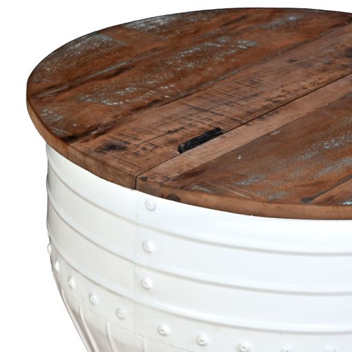 Mesa centro madeira reciclada maciça branca em forma de barril - Image 8