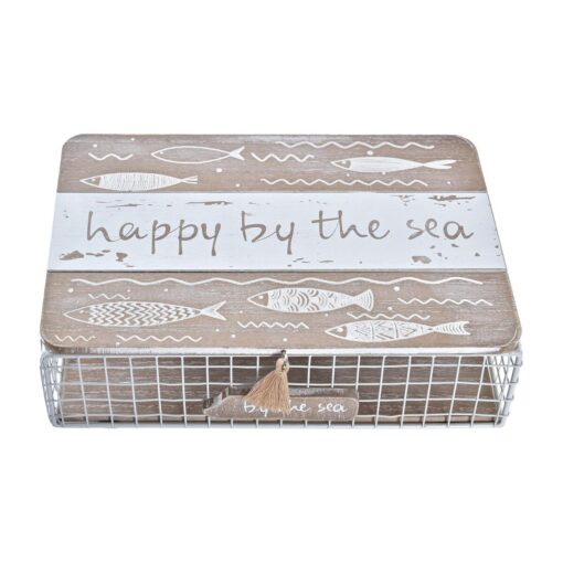 Caixa Decorativa 24 x 16 x 6 cm Metal Madeira Castanho Branco