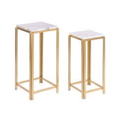 Conjunto de 2 mesas 33 x 33 x 70 cm Dourado Metal Branco Mármore