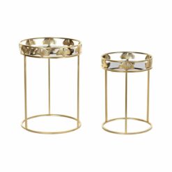 Conjunto de 2 mesas pequenas Cristal Dourado Metal Tropical Folha de planta (40 x 40 x 56 cm) (2 pcs)