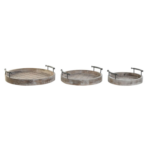 Jogo de Bandejas Decor 46 x 46 x 10 cm Natural Preto Metal Branco Madeira de mangueira Índio