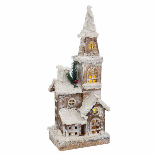 Adorno Natalício Branco Bege Madeira Casa 18 x 12 x 46 cm