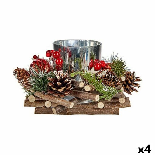 Castiçal Natalício Madeira Vermelho Verde Prateado Natural 20 x 11 x 20 cm (4 Unidades)