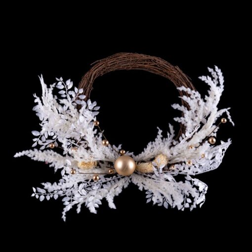 Coroa de Natal Branco Dourado Rotim Plástico 45 cm - Image 3