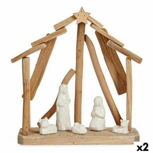 Presépio de Natal Cerâmica Castanho Branco 2 Unidades 25 x 28 x 10 cm Natural Madeira (2 Unidades)