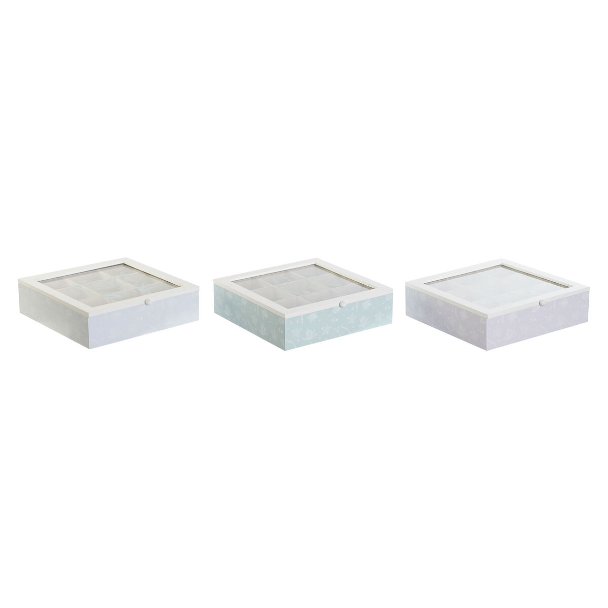 Caixa para Infusões Azul Branco Verde Lilás Metal Cristal Madeira MDF (3 Unidades)