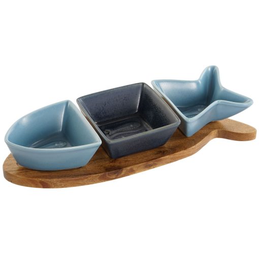 Conjunto para Aperitivos Home ESPRIT Azul Azul Marinho Porcelana Acácia Peixe Mediterrâneo 28 x 9