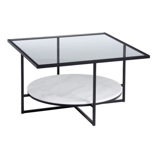 Mesa de Centro Branco Preto Cristal Mármore Ferro 80 x 80 x 46