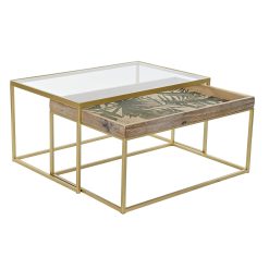 Conjunto de 2 mesas Dourado Natural Madeira Metal Cristal 90 x 60 x 45 cm