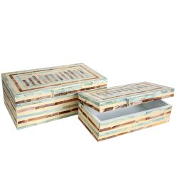 Jogo de Caixas Decorativas Azul Branco Dourado Madrepérola Madeira MDF (2 Peças)