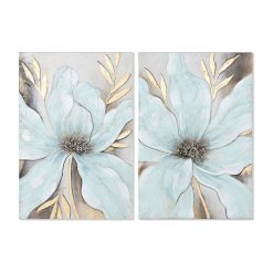 Pintura Azul Dourado Tela Madeira MDF Flor Shabby Chic 60 x 3 x 90 cm (2 Unidades)