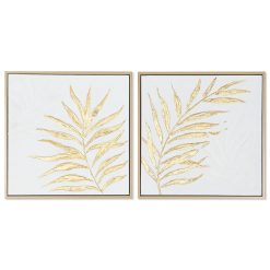 Pintura Branco Dourado Tela Madeira MDF Moderno Folha de planta 42 x 4 x 42 cm (2 Unidades)