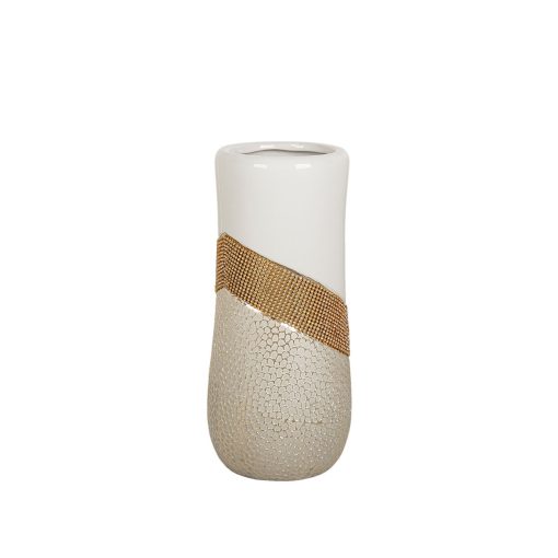 Vaso Branco Dourado Cerâmica 14 x 30 x 14 cm