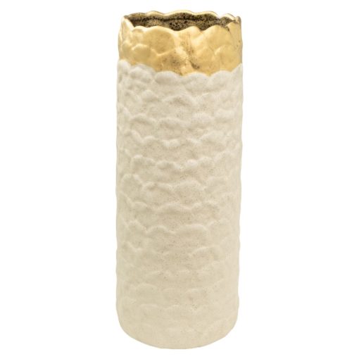 Vaso Branco Dourado Porcelana 14 x 35 x 14 cm