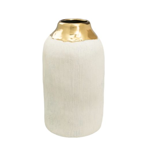 Vaso Branco Dourado Porcelana 18 x 36 x 18 cm