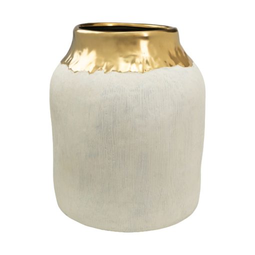 Vaso Branco Dourado Porcelana 30 x 35 x 30 cm