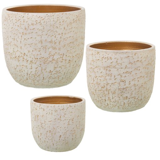 Conjunto de vasos Branco Dourado Cerâmica 3 Peças