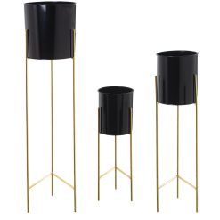 Conjunto de vasos Preto Dourado Metal Com suporte (3 Peças)