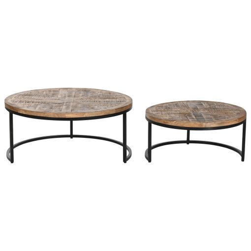 Conjunto de 2 mesas Castanho Preto Natural Metal Madeira de mangueira 90 x 90 x 40 cm - Image 4