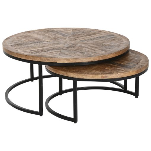 Conjunto de 2 mesas Castanho Preto Natural Metal Madeira de mangueira 90 x 90 x 40 cm