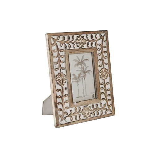Moldura de Fotos Branco Natural Cristal Madeira de mangueira Flor Índio 21 x 2 x 26