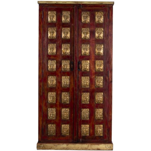 Armário Em Madeira De Mango Vermelho/budas Dourados  com 2 Portas 100x45x195cm - Image 7