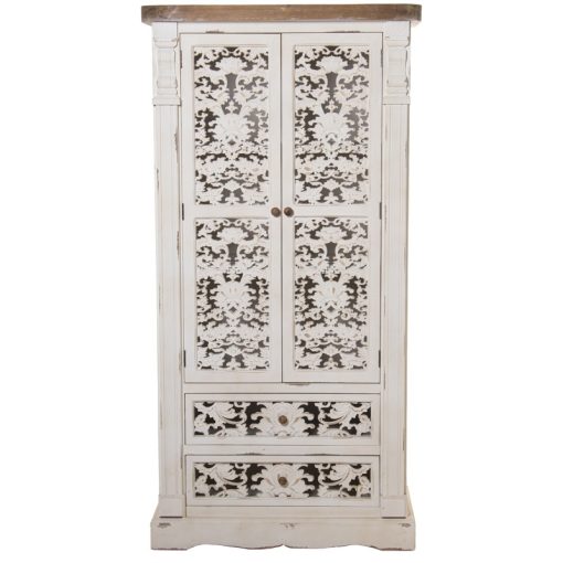 Armário Madeira  com 2 Portas +2 Gavetas Esculpido Branco Envejec 85x40x170cm, Abeto+dm - Image 2