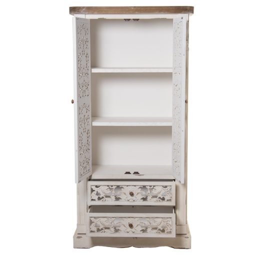 Armário Madeira  com 2 Portas +2 Gavetas Esculpido Branco Envejec 85x40x170cm, Abeto+dm - Image 3
