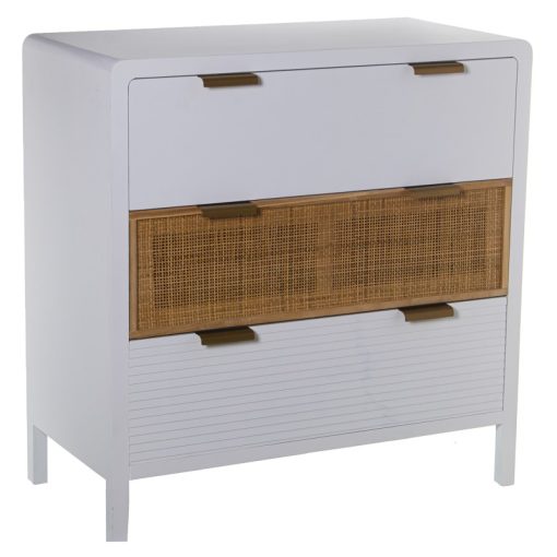Cómoda Madeira 3 Gavetas Branco/ratán 80x40x82cm