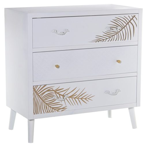 Cómoda Madeira  com 3 Gavetas Branco Relieve+folha Dourada 80x40x80cm