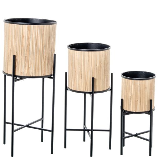 Conjunto 3 Vasos De Metal/cana Natural E Pernas Em Metal Preto   30x75+24