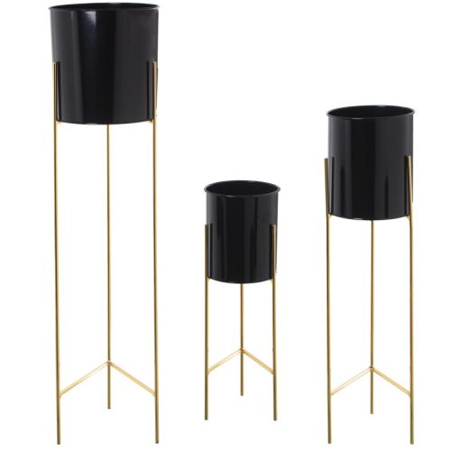 Conjunto 3 Vasos Metal Preto com Pé Dourado 21x93+18x75+16x51cm - Image 2