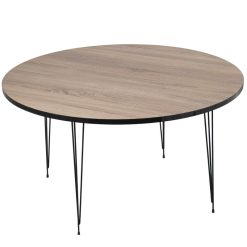 Mesa Centro Redonda Madeira Cor Carvalho0 Pés Metal Neg 89x45cm