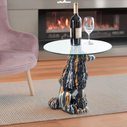 Mesa De Apoio De Vidro Com Base Cão De Resina Preto 60x62cm, Base:27x38x61cm - Image 4