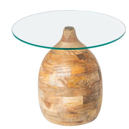 Mesa De Apoio Em Vidro  com base Madeira De Mango 50x42cm