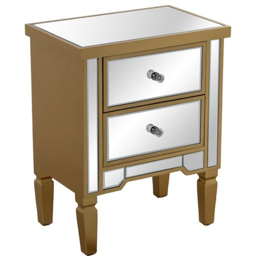 Mesa De Cabeceira Madeira/espelho Dourada  com 2 Gavetas 49x33x62cm