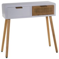 Mesa Entrada Madeira 2 Gavetas Branco/ratán 80x30x78cm