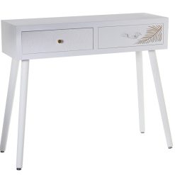 Mesa Entrada Madeira  com 2 Gavetas Branco Relieve+folha Dourada 90x30x78cm