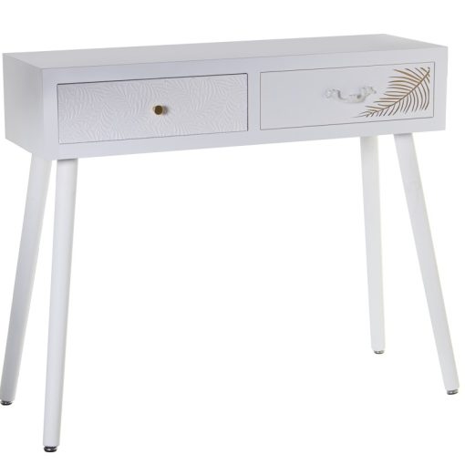 Mesa Entrada Madeira  com 2 Gavetas Branco Relieve+folha Dourada 90x30x78cm