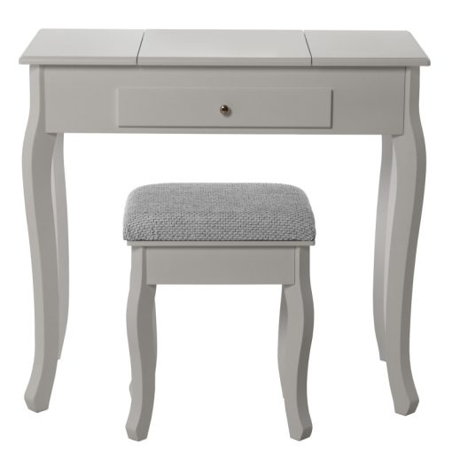 Mesa Tocador Madeira Branco com Espelho+banco Tapizado Tela Gri 80x40x74cm Banco:36,5x29x46cm - Image 3