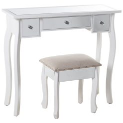 Mesa Tocador Madeira/Espelho+92278 com taburete Branco 90x32