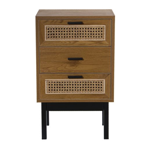 Mesa de Cabeceira Madeira/mimbre  com 3 Gavetas+Pés Metal 40x30x65cm, Dm+melamina Fresn - Image 3