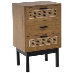 Mesa de Cabeceira Madeira/mimbre  com 3 Gavetas+Pés Metal 40x30x65cm