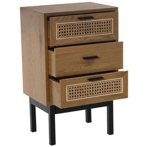 Mesa de Cabeceira Madeira/mimbre  com 3 Gavetas+Pés Metal 40x30x65cm, Dm+melamina Fresn - Image 4