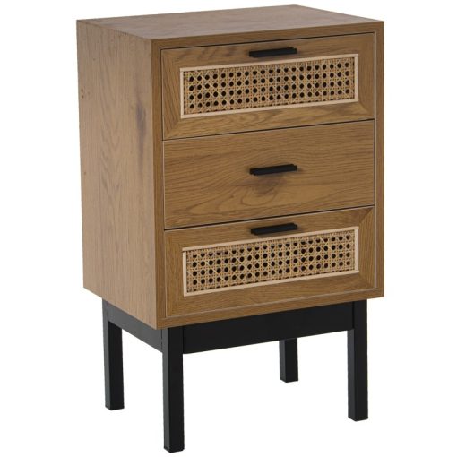 Mesa de Cabeceira Madeira/mimbre  com 3 Gavetas+Pés Metal 40x30x65cm