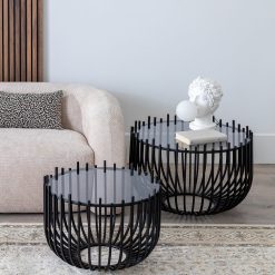 S/2 Mesa De Cafe Preto Metal-Cristal 68 X 68 X 45 Cm