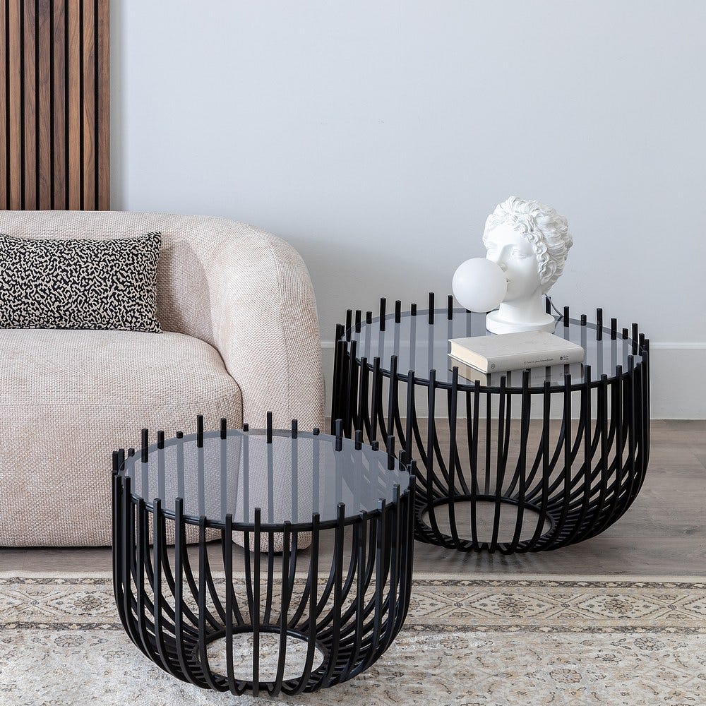 S/2 Mesa De Cafe Preto Metal-Cristal 68 X 68 X 45 Cm