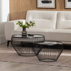 S/2 Mesa De Cafe Preto Metal-Cristal 73 X 73 X 40 Cm