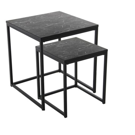 Set 2 Mesas Auxiliares Metal/ Madeira Acabado Mármore Negro 45x45x50cm+35x35x40cm
