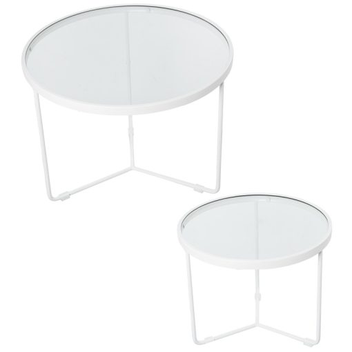 Set 2 Mesas De Metal Branco E Vidro  60x45+45x38cm
